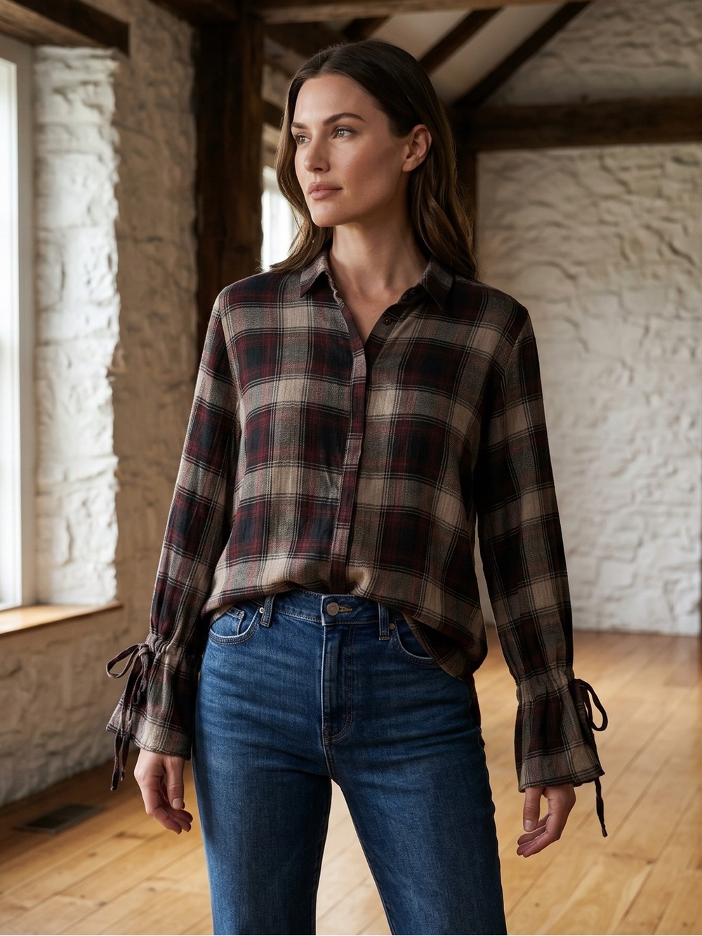 Doe & Rae Plaid Blouse With Ruffled Flowing Bottom Sleeves